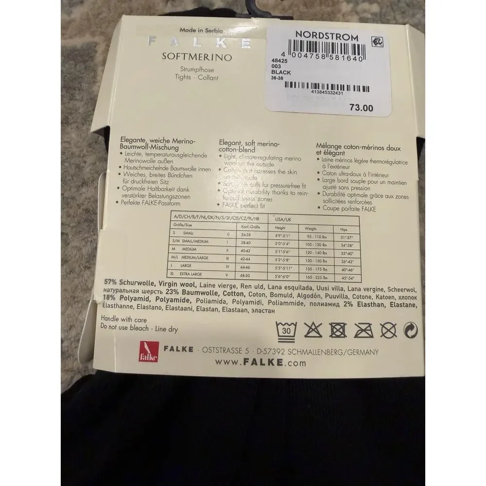 FALKE Soft Merino Tights Black 36-38 Sz S Womens Wool Cotton Blend NWT $73